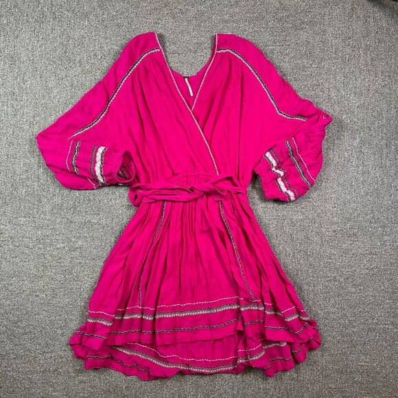Free People Delilah Embroidered Wrap Mini Dress in Bright Pink Womens Medium - Picture 2 of 8